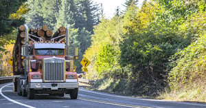 Red semi-truck driving on a road next to large greenery 